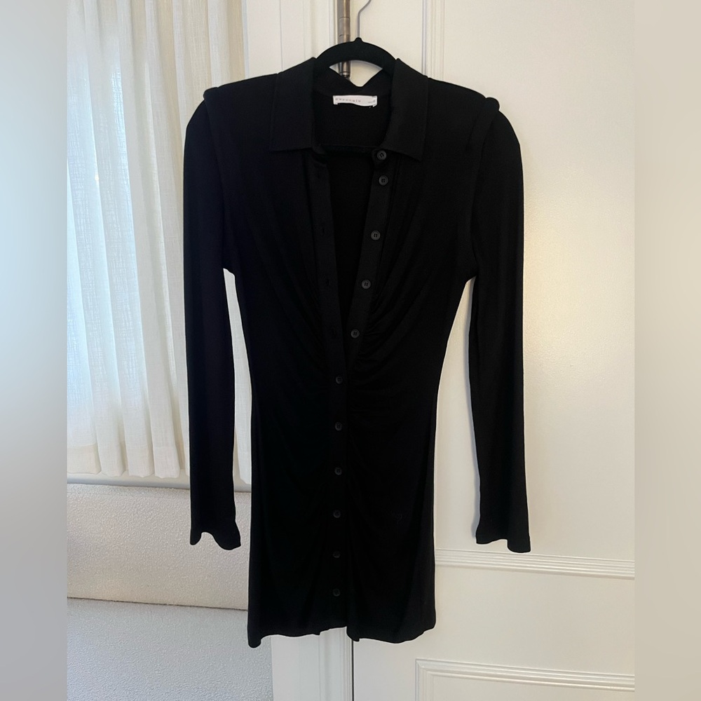 Rib-Knit Collared Black Long Sleeve Dress